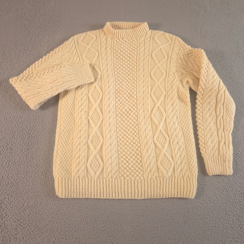 VINTAGE John Molloy Sweater Mens L Cream Aran Handknit Virgin Wool Irish 80s 90s - Picture 2 of 11
